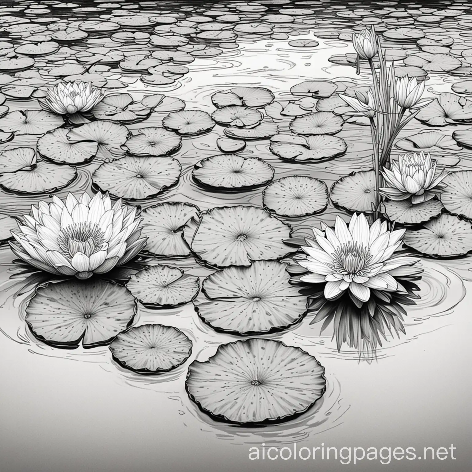 Create a tranquil pond scene with a few large, stylized lily pads and simple flowers floating on the water. Include a few gentle ripples around the lily pads and minimal details like smooth lines for the pond's edge. The design should evoke a sense of calm and simplicity., Coloring Page, black and white, line art, white background, Simplicity, Ample White Space. The background of the coloring page is plain white to make it easy for young children to color within the lines. The outlines of all the subjects are easy to distinguish, making it simple for kids to color without too much difficulty