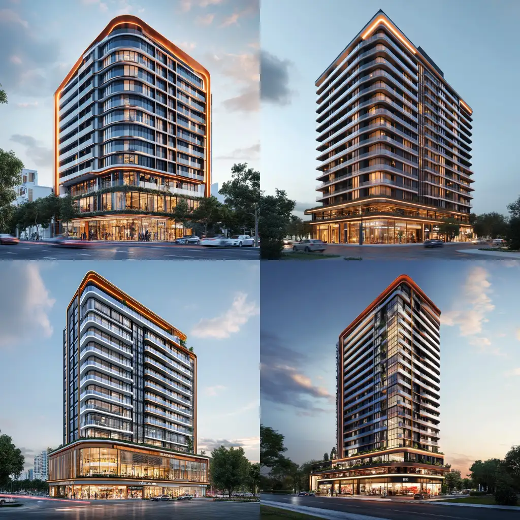 Modern-Residential-Building-with-Elegant-Shops-and-Gradient-CopperWhite-Facade