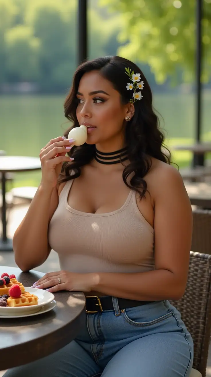 Curvy-Woman-Enjoying-Waffles-with-Fruits-and-Ice-Cream-at-a-Park-Restaurant-on-a-Sunny-Summer-Day