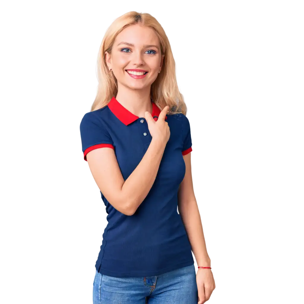 Blonde-Woman-Smiling-in-Disney-Style-PNG-Illustration-with-Dark-Blue-Polo-Shirt-and-Red-Collar