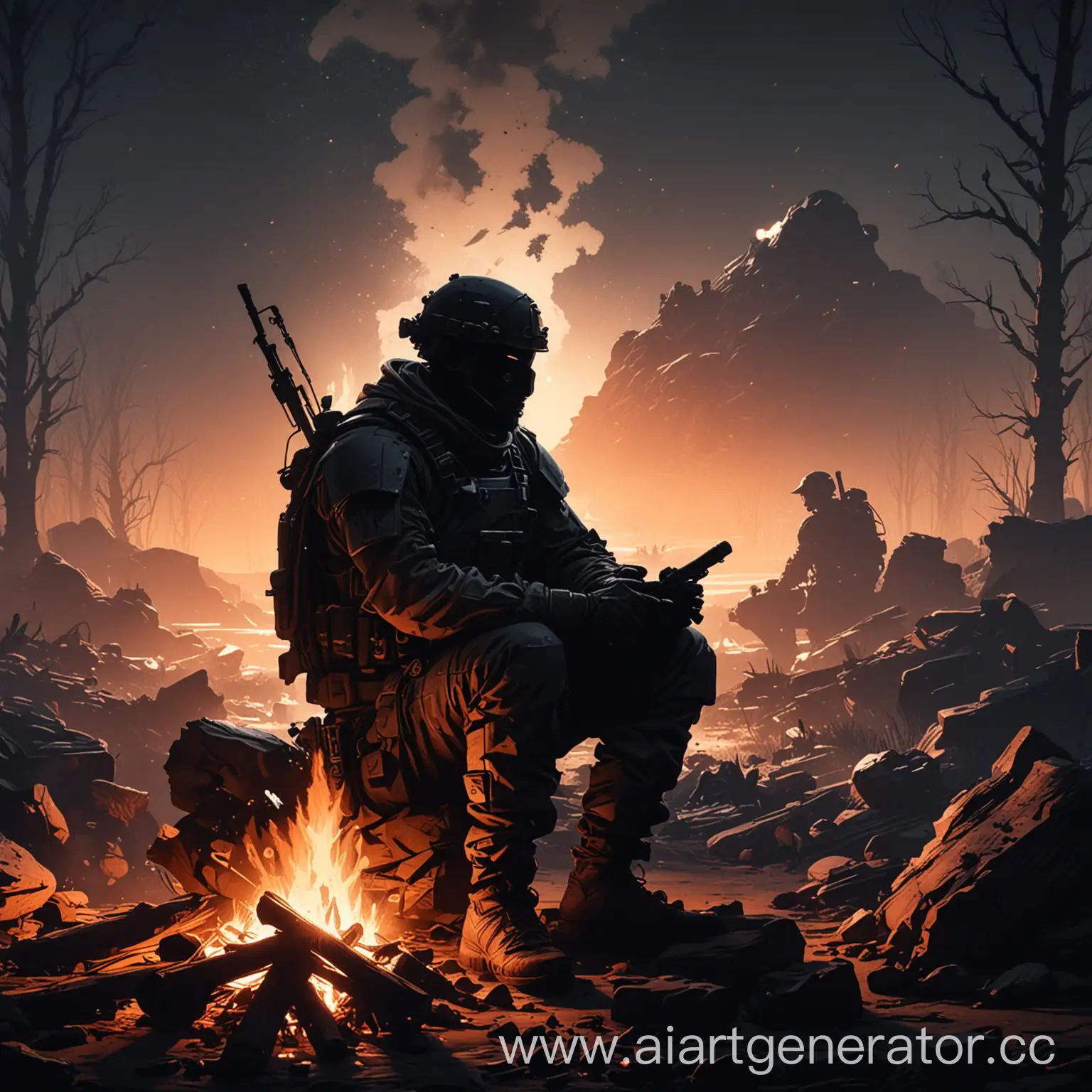 Silhouette-of-Future-War-Warrior-Sitting-by-Campfire