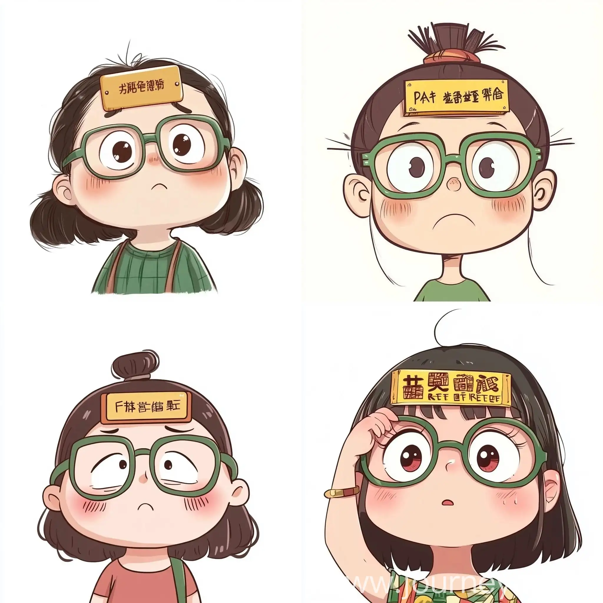 Cartoon-Avatar-of-Chubby-Girl-with-Rectangular-Talisman-and-Green-Glasses