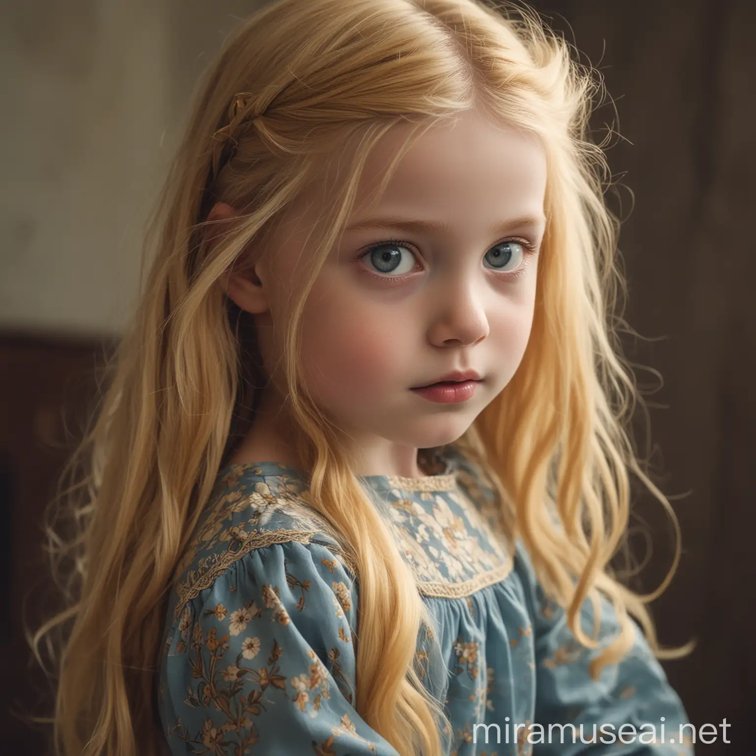 Cinematic Portrait of a Girl with Long Yellow Hair and Blue Eyes in Vintage Dress