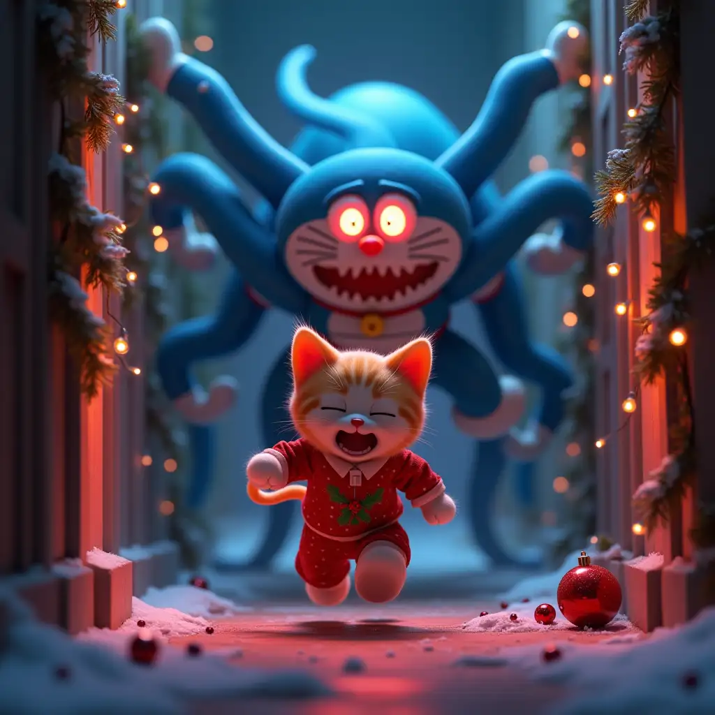 gothic, blue white red, sharp, shouting,monster doraemon3D cartoon scene of a monstrous Doraemon with glowing red eyes, jagged teeth, and four snake-like arms chasing a crying anthropomorphic ginger kitten dressed in a Christmas night suit. The kitten is running down a festively decorated hallway with Christmas garlands, fairy lights, and scattered ornaments on the floor. The scene mixes humor and horror in a vibrant, dynamic style.