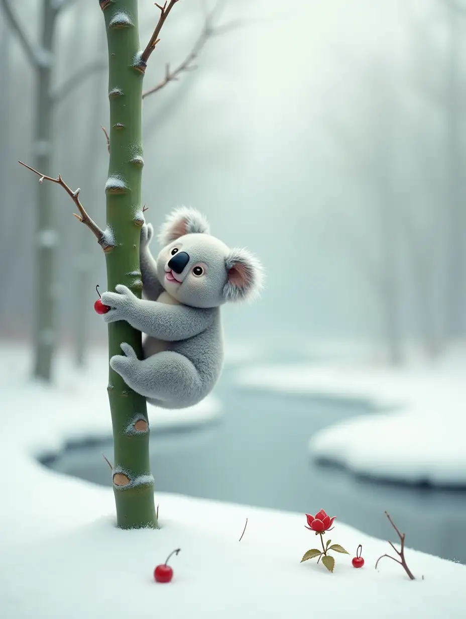 Fluffy Koala Bear Clinging to Bamboo in a Winter Wonderland