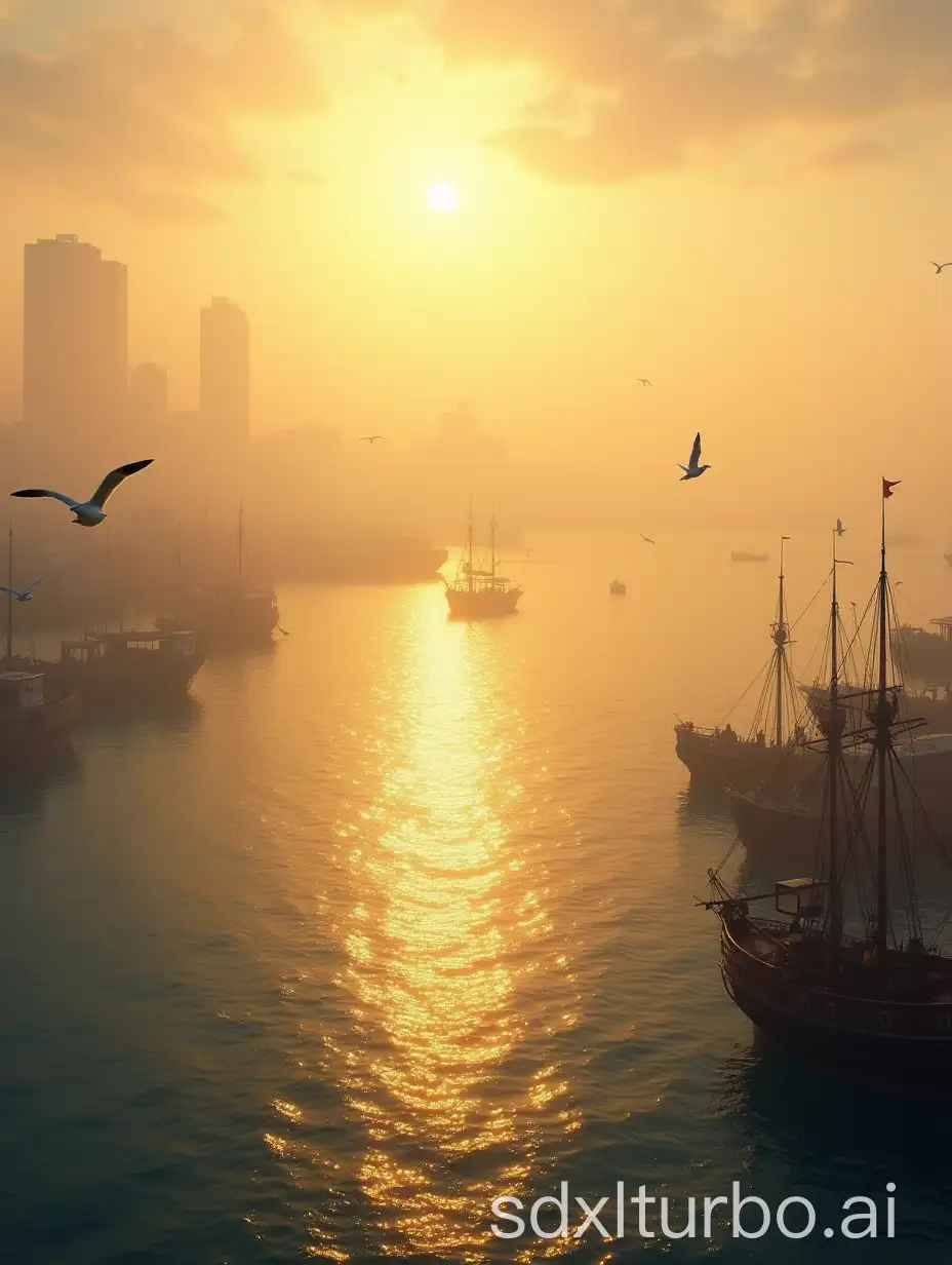 A coastal city at sunrise, with soft golden sunlight piercing through the mist, casting a shimmering glow on the calm sea, seagulls soaring freely in the sky, distant fishing boats slowly heading out to sea, fishermen bustling on the docks, and the city skyline gradually becoming clear in the morning light, with warm tones, high-definition details, in a realistic style.