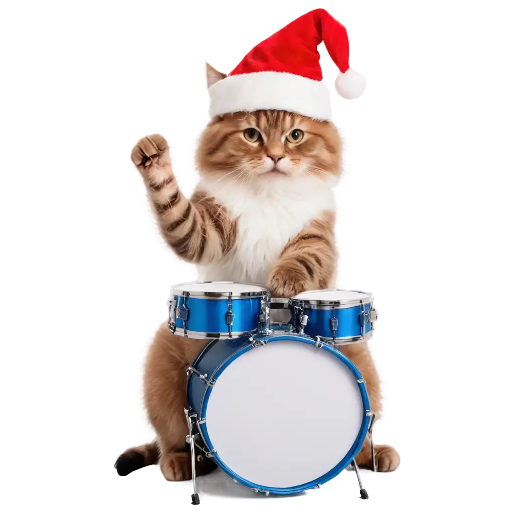 Fluffy-Cat-in-Santas-Hat-Playing-Drums-PNG-Image-Perfect-for-Holiday-Festive-Themes