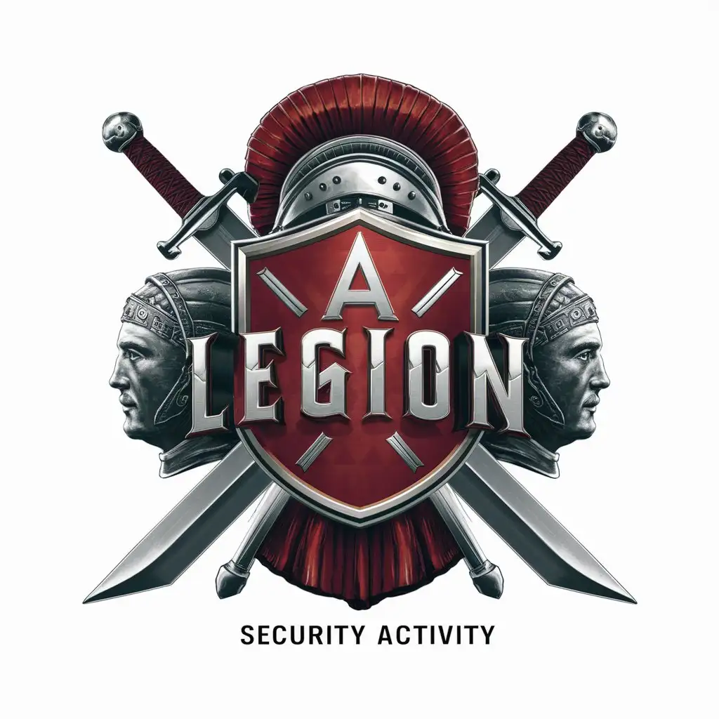 a logo design,with the text "Legion", main symbol:shield and two swords, crossed behind it, two letters A and S on the shield, Roman legionnaire profiles next to the shield, facing different directions,complex,be used in Security activity industry,clear background