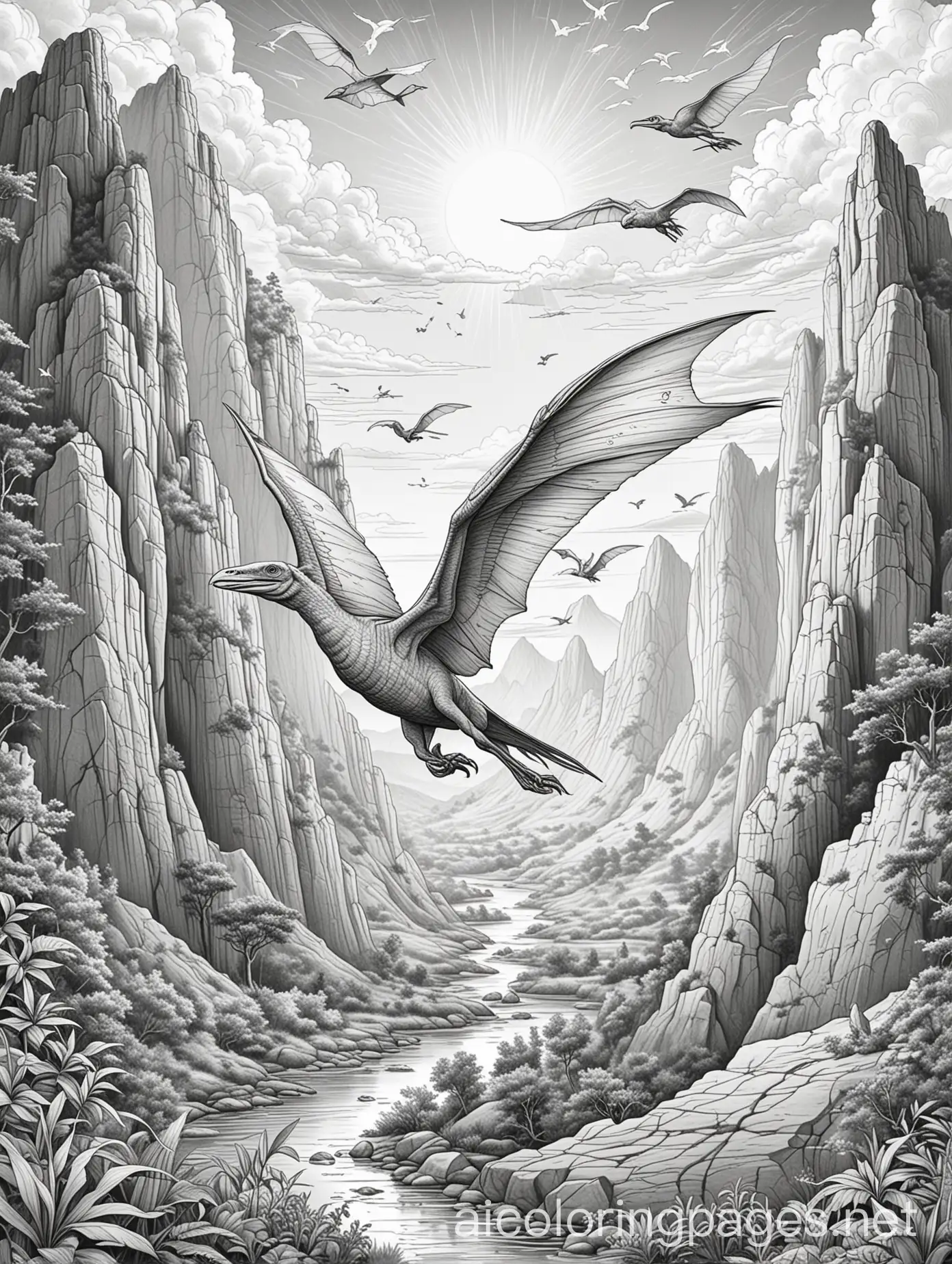 Create a coloring page of a Pterodactyl in a prehistoric environment for a children's coloring book. The scene must include the following elements:nnPterodactyl: Central in the image, the Pterodactyl must be in full flight, with open and detailed wings. Show off your wingspan and the characteristic shape of your head.nEnvironment: An aerial scene with mountains or cliffs in the background and a clear sky or with few clouds. Include vegetation elements in the lower parts of the image.nDetails: Add small elements like other small dinosaurs on the ground, trees, and maybe some flying insects to bring more life to the scene.,nColoring Page, black and white, line art, white background, Simplicity, Ample White Space. The background of the coloring page is plain white to make it easy for young children to color within the lines. The outlines of all the subjects are easy to distinguish, making it simple for kids to color without too much difficulty