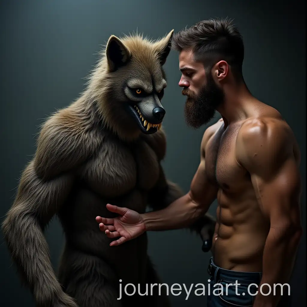 Muscular-Man-Struggles-with-DemonInfused-Werewolf-Costume
