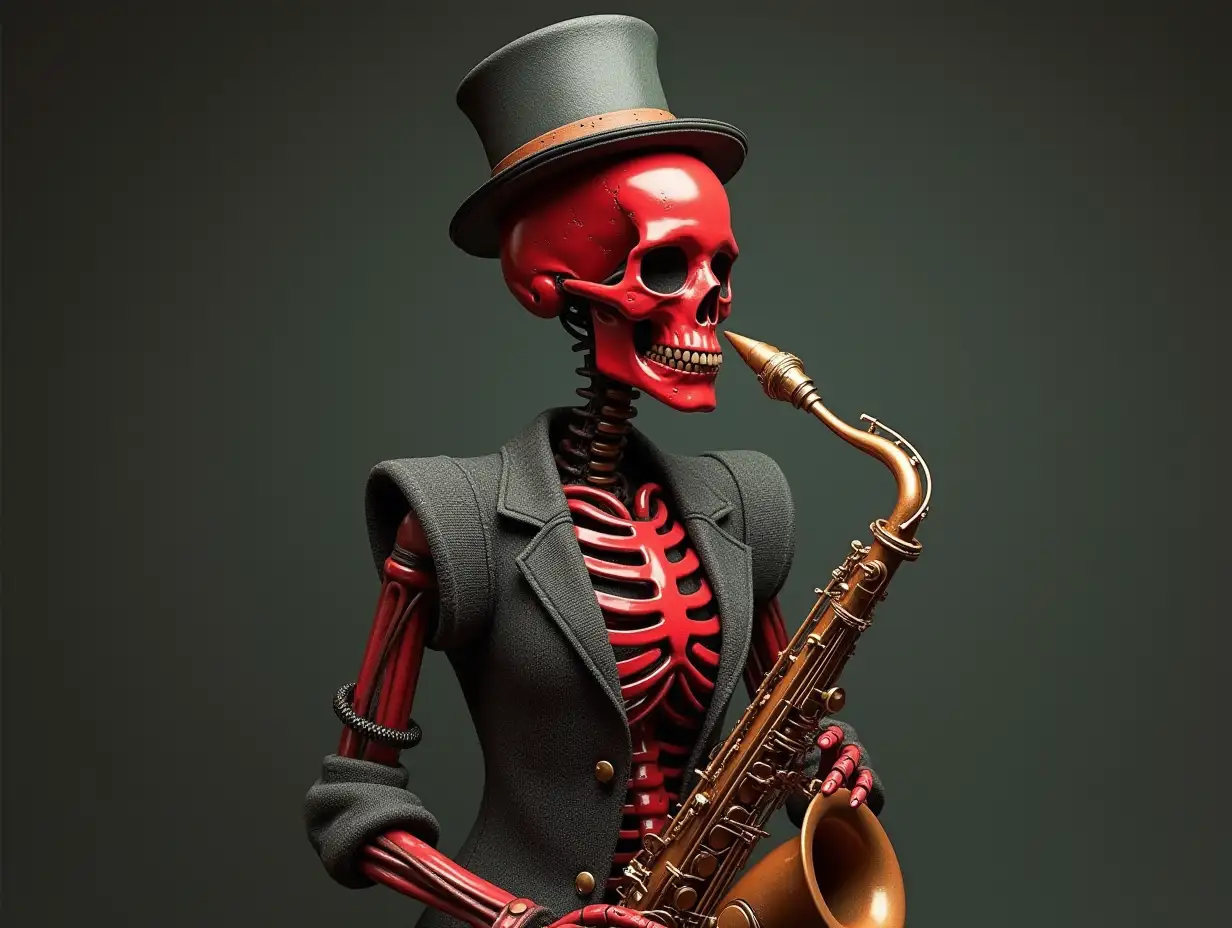 Create a high-resolution, realistic image of a robot with a skeletal body, red porcelain hands and head, a sweater, a Steampunk top hat, and a saxophone standing in 4K resolution (Steampunk 8K quality)