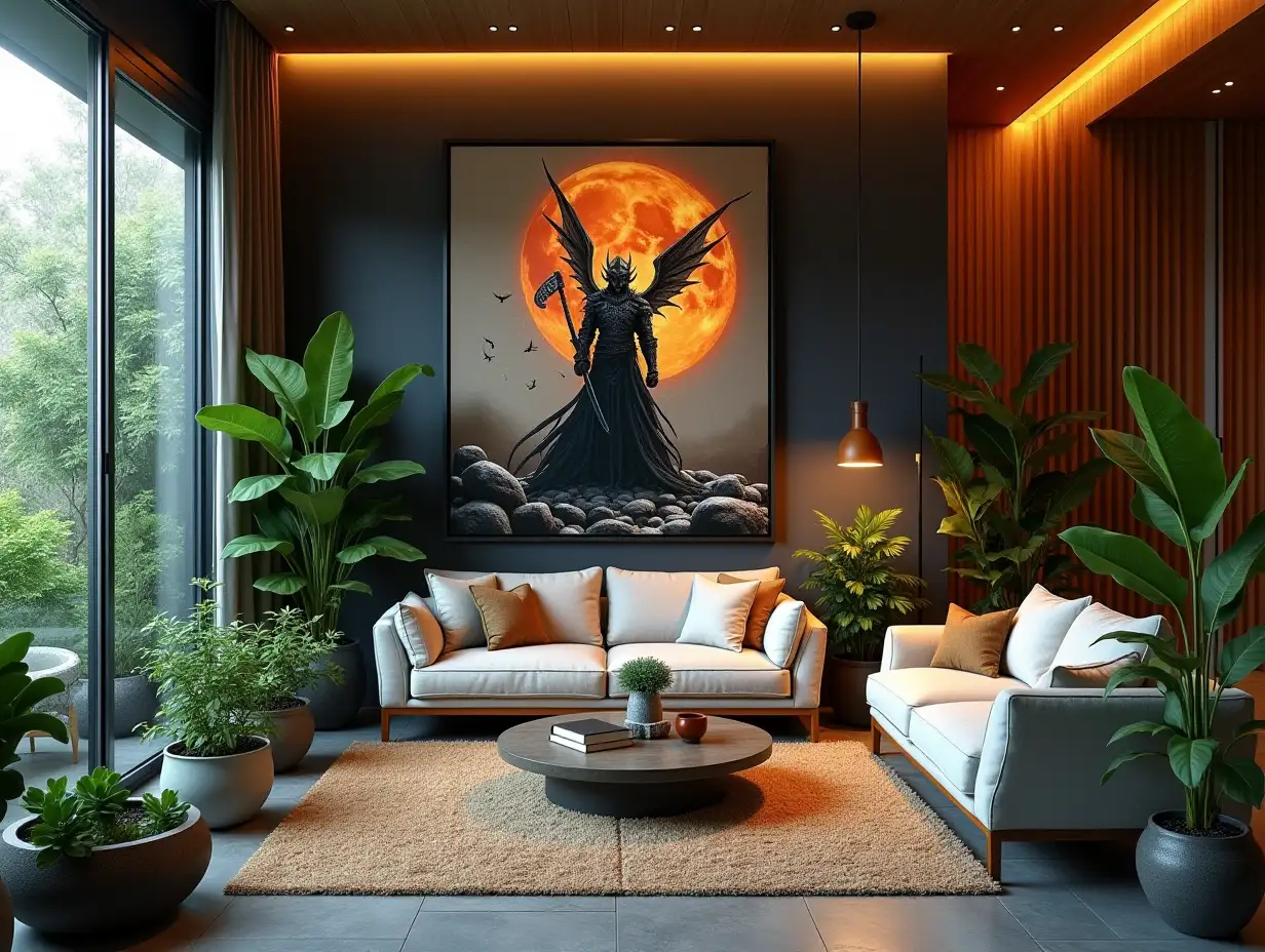 Large modern living room lighting with furniture very many plants with Demon Slayer image on the wall Zen-Garden with carefully tended rocks, a meditative 180 degree shots 8K resolution Colorful