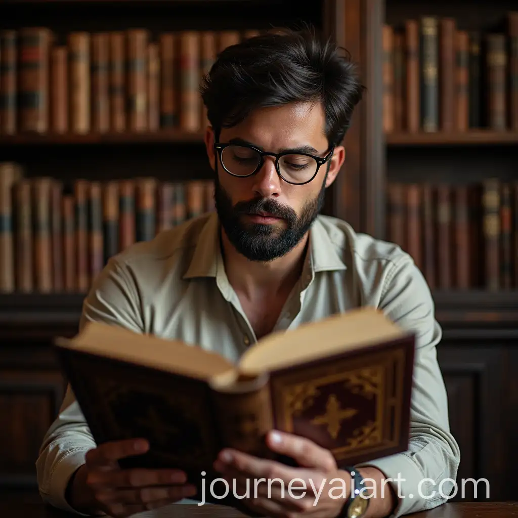 Young-Man-Reading-Classical-Text-in-Cozy-Library-with-Antique-Bookshelves