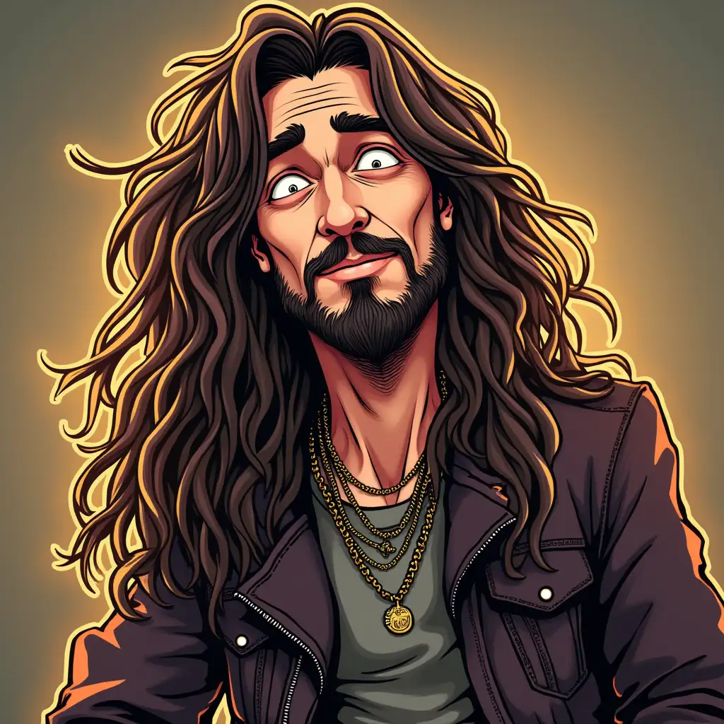 A cartoon Middle aged rockstar with extremely long hair  Funny