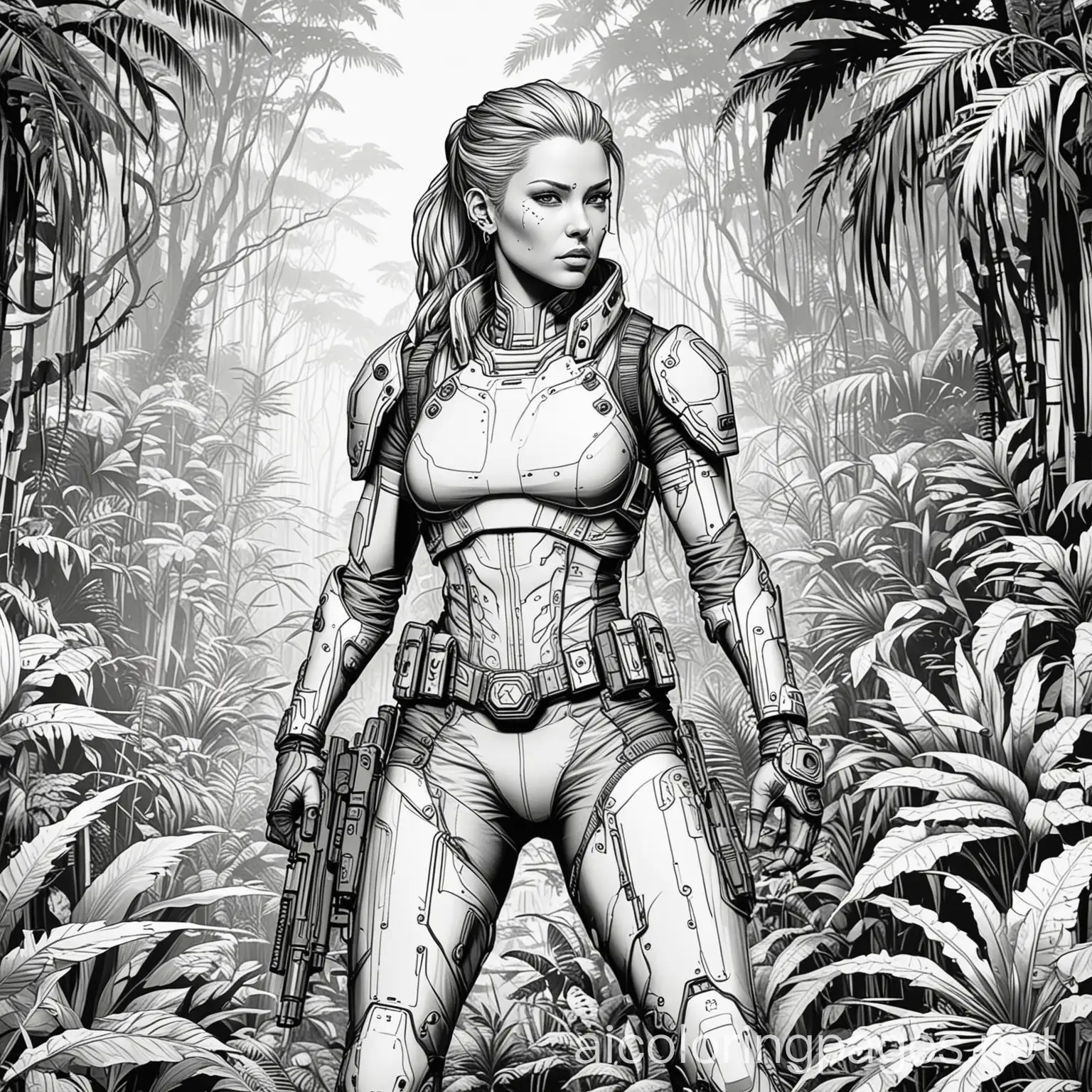 Cyberpunk-Action-Heroes-in-Jungle-Coloring-Page