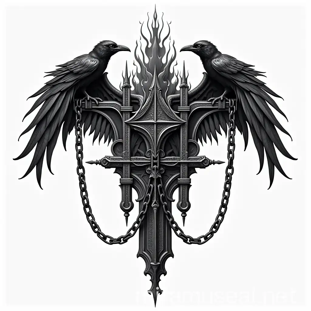 NeoGothic Architecture with Symmetry Chains Ravens and Flames on White Background