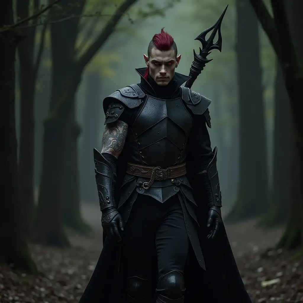 Handsome Male Vampire in Black Obsidian Armor Walking Through Archway of Trees