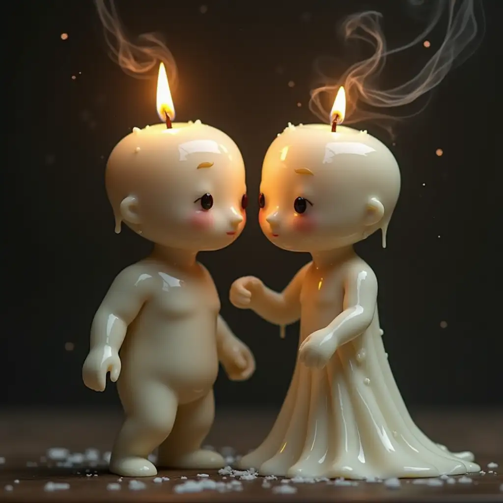 a hyperdetailed, realistic image of an anthropomorphic male white candle slow dancing with an anthropomorphic female candle. Both are lit, with their flames flickering and small, intricate and beautiful trails of smoke emitting from them. Wax is melting and running down their faces. They have loving expressions on their faces, but they know their time is limited.