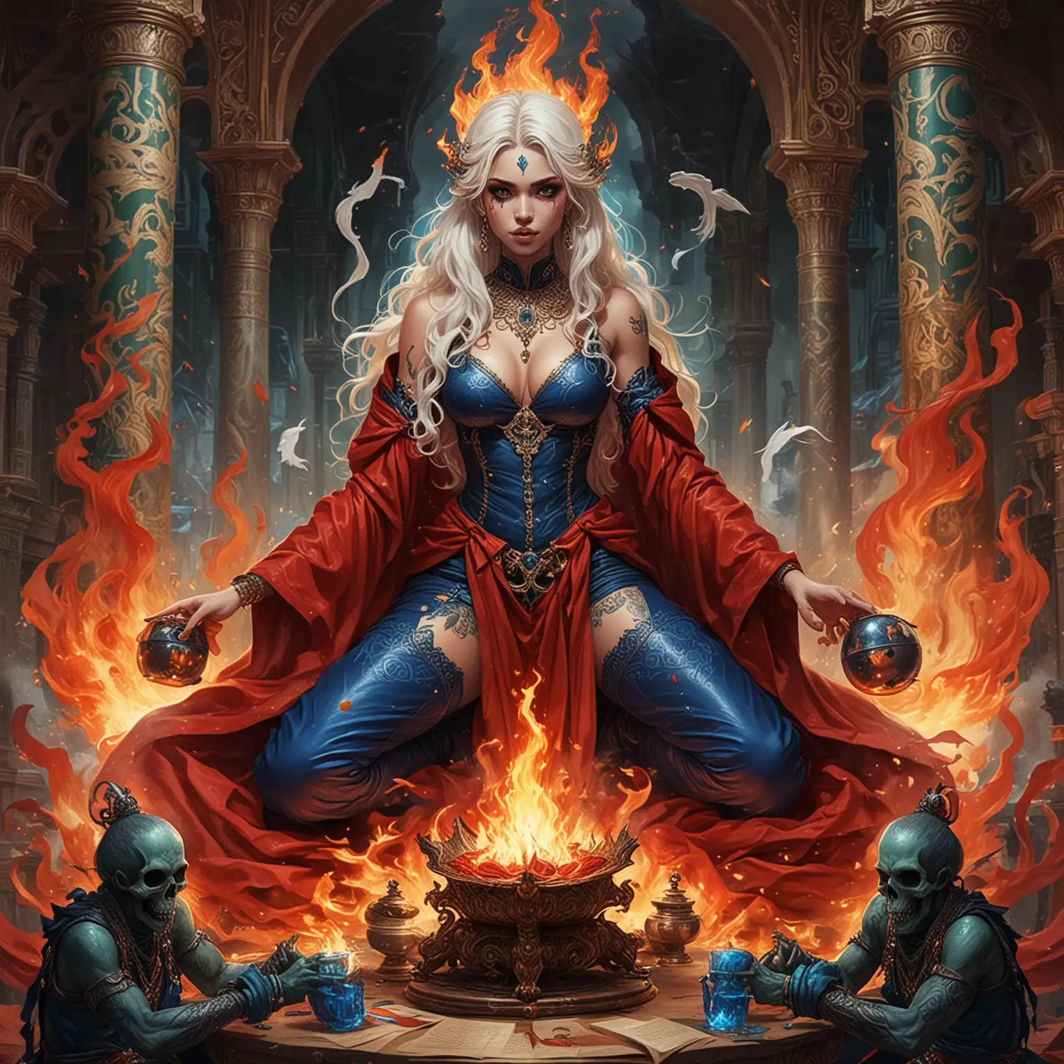 Adolescent Empress Goddesses as Sorceress Vampires in Enchanting Fire Surroundings