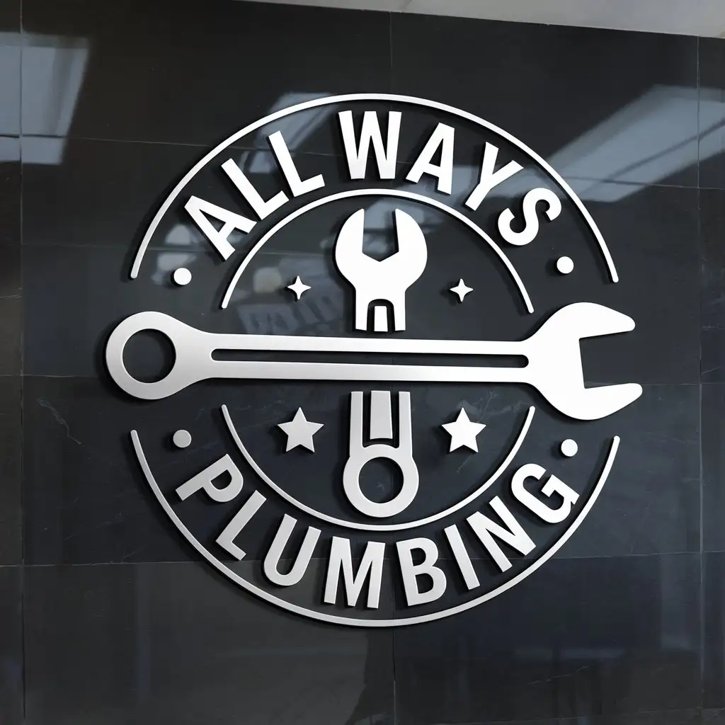 LOGO Design for All Ways Plumbing Modern Wordmark in White and Silver on Dark Office Wall Mockup