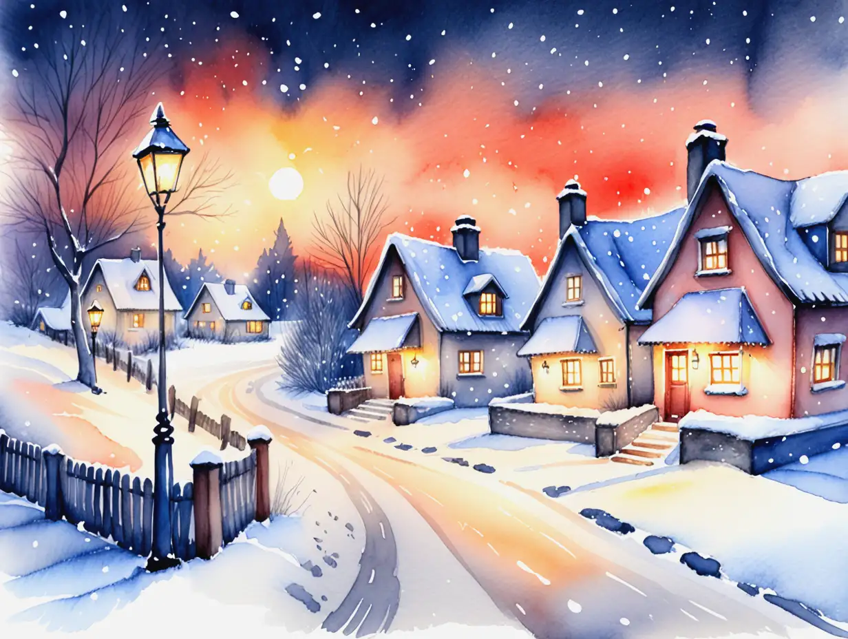 Winter-Cottages-in-Snow-with-Streetlights-at-Sunset-and-Falling-Snowflakes