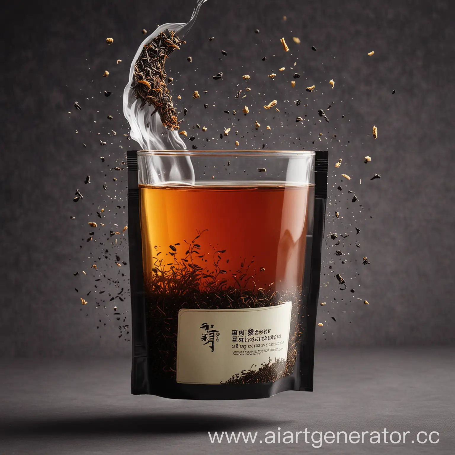 Tea-Packet-Opening-with-Flying-Black-Tea-Particles