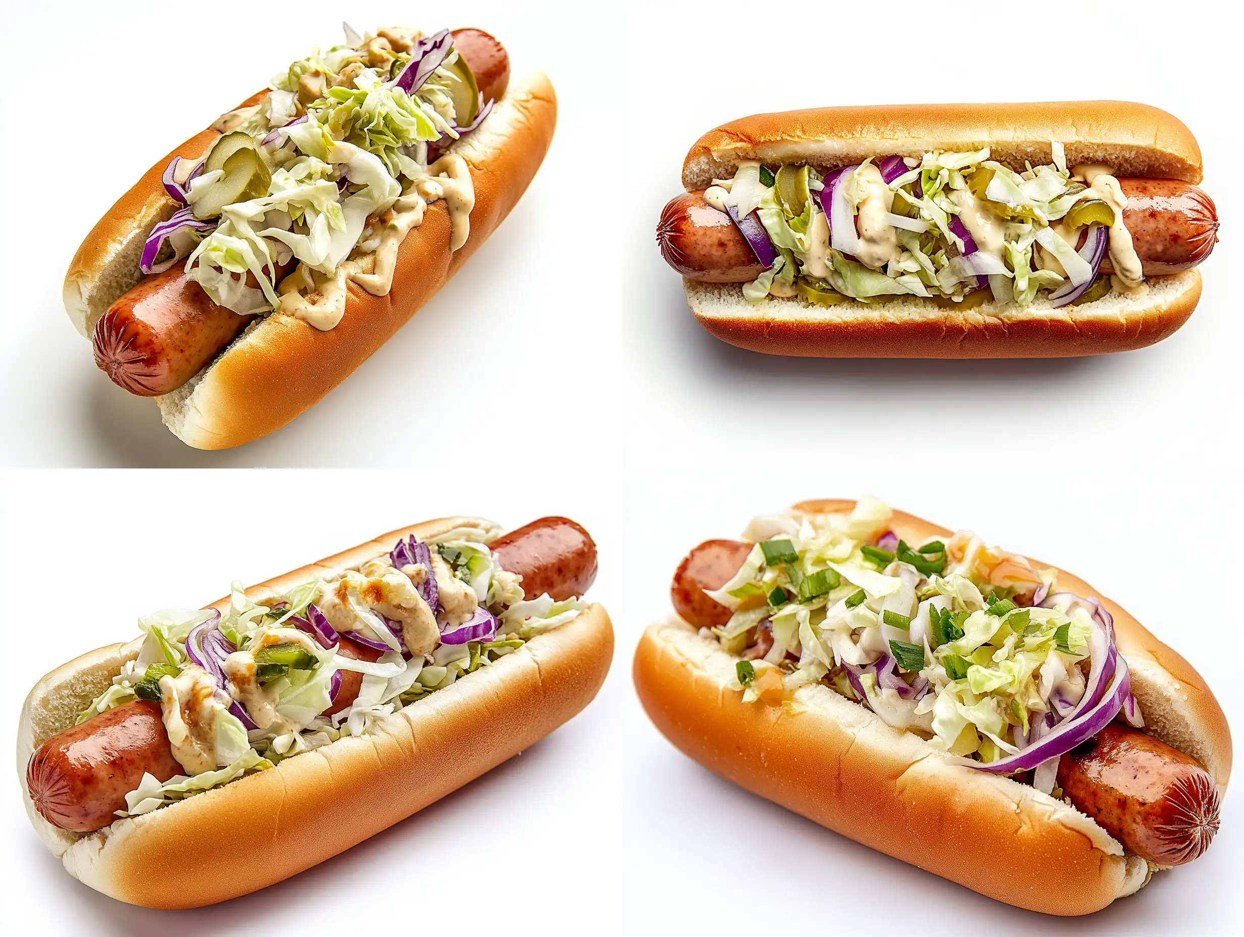 Gourmet-Hot-Dog-with-Sausage-and-Fresh-Cabbage-Topping-on-White-Background