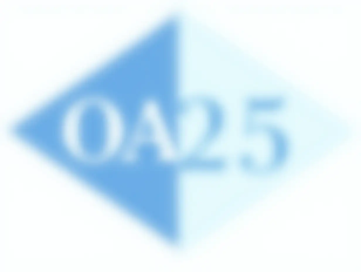 Business logo, diamond shaped. The left side is ocean blue with white lettering that says OA. The right side is white with ocean blue lettering that says 25. There is a dark blue border. Clear background.