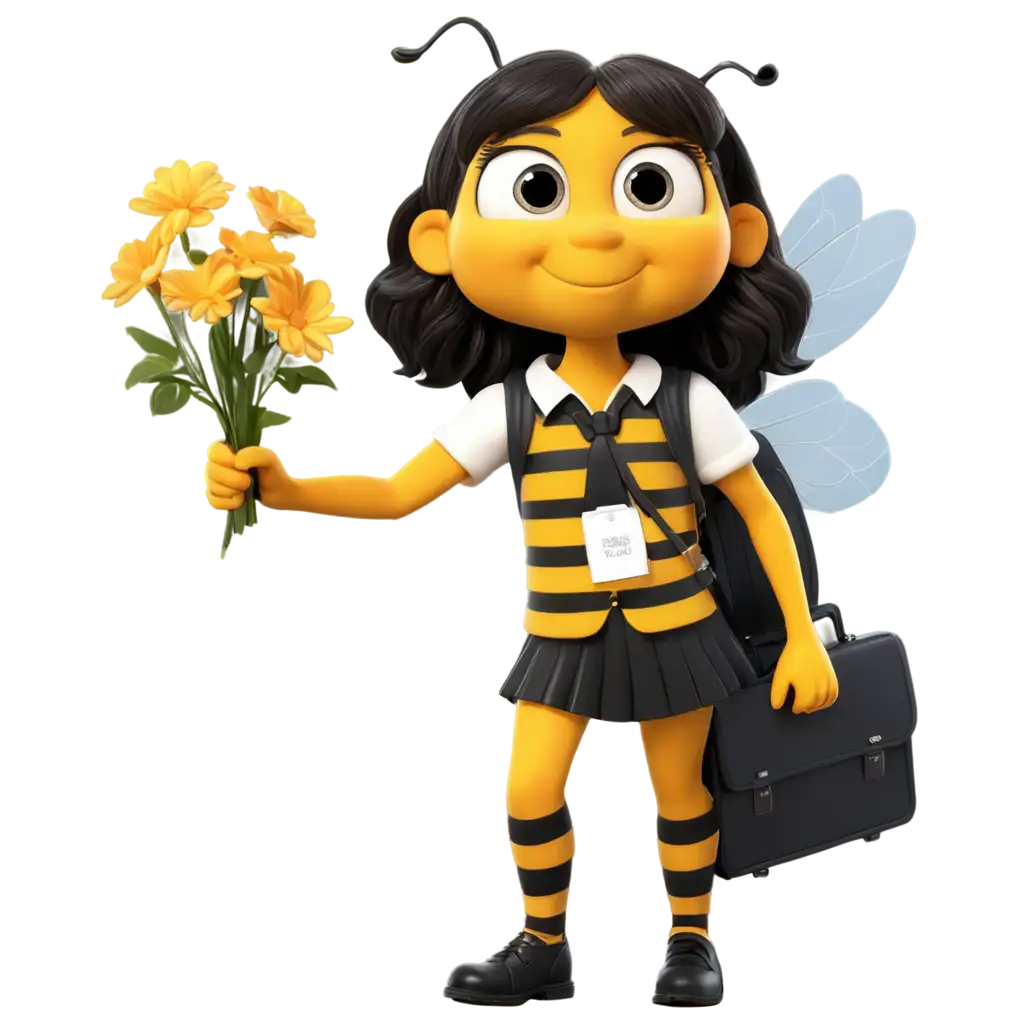 Schoolgirl-Cartoon-Bee-with-Briefcase-and-Flowers-PNG-Image-Playful-and-Professional-Art-for-Online-Engagement