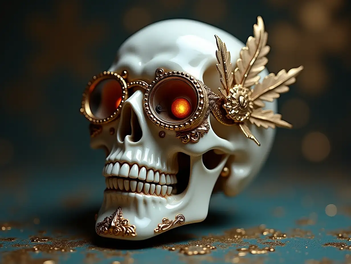 Cyber Totenkopf mit Glasaugen, Porcelain with golden ornaments Steampunk 100 mm capture