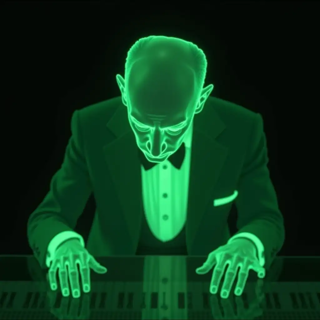 Top View of Vladimir Horowitz Hologram Pianist with Glowing Green Head