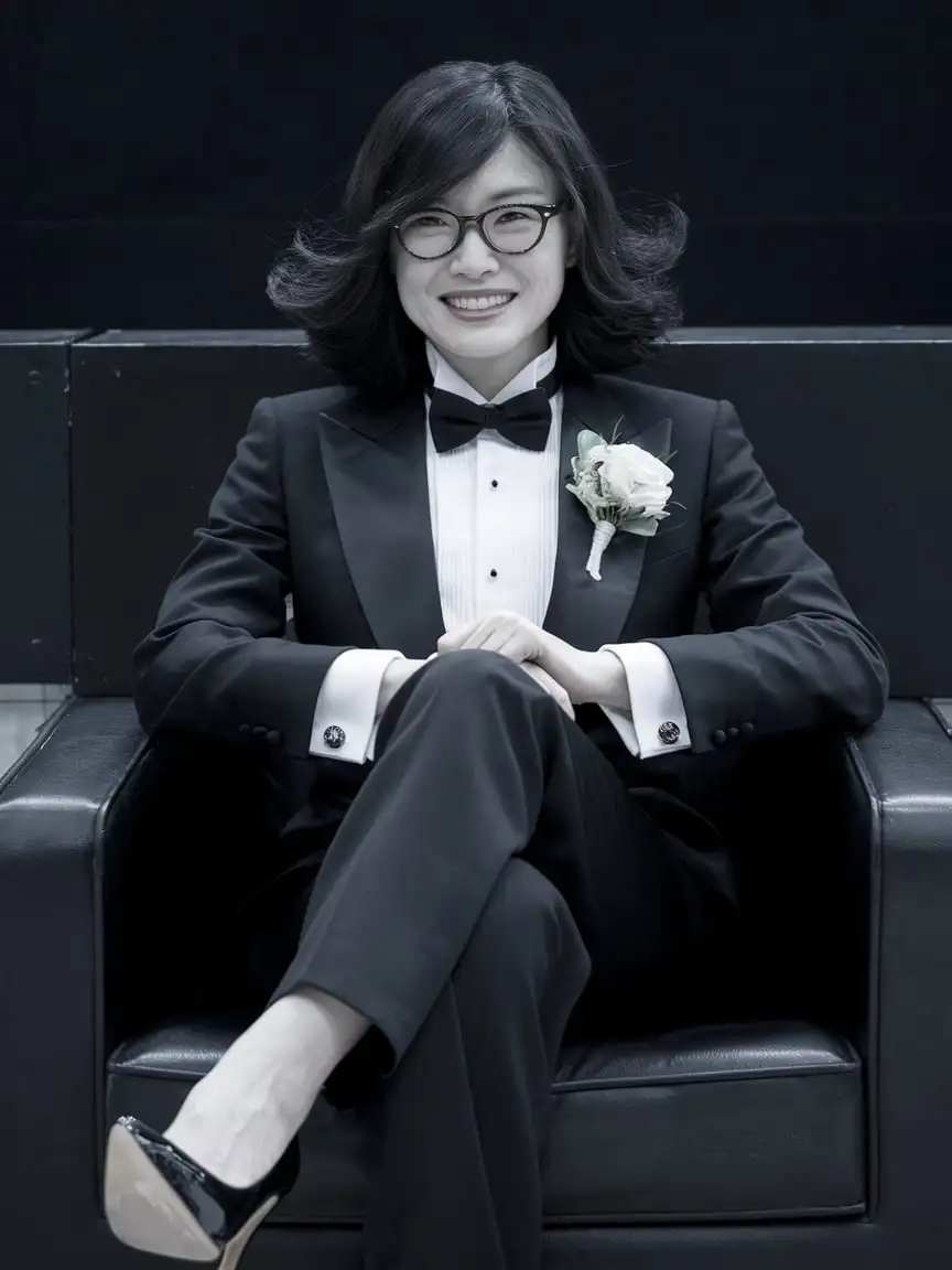 Vivacious-Chinese-Woman-in-Tuxedo-Seated-Elegantly