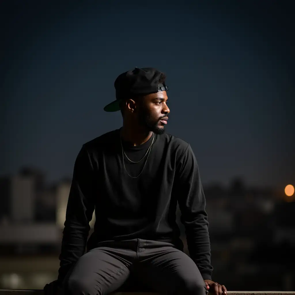 Stylish Black Man Sitting on Ledge at Night