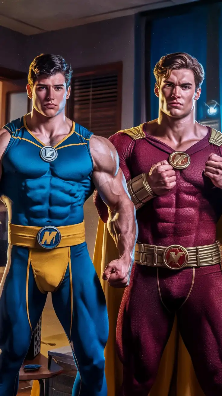 In a dorm room at night. Supercharged brawn. Herculean powers. 18 years old. 2 Superheroes. Photorealistic.