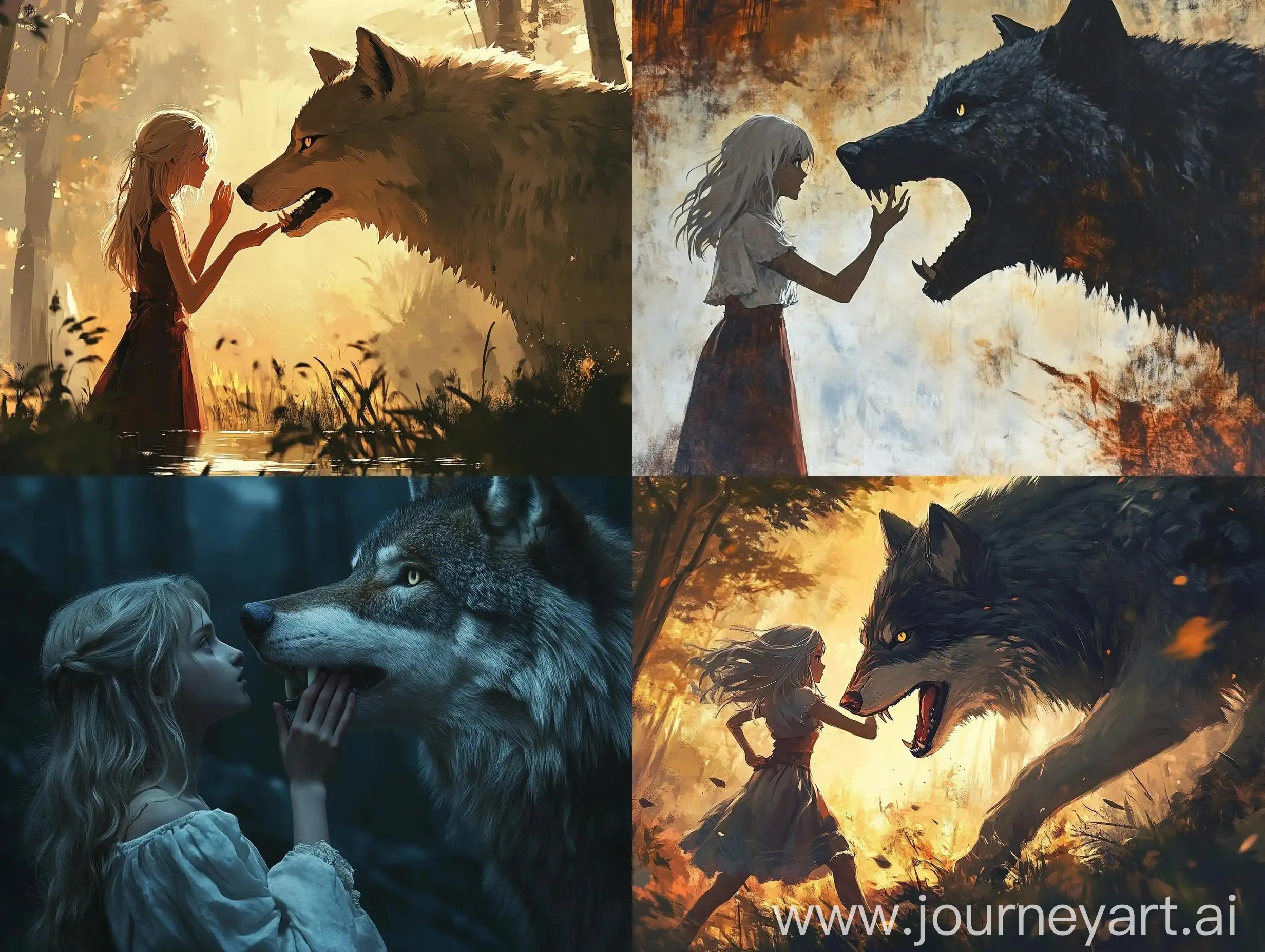 Girl-Raising-Hand-with-Wolf-Opening-Mouth-in-Forest-Scene