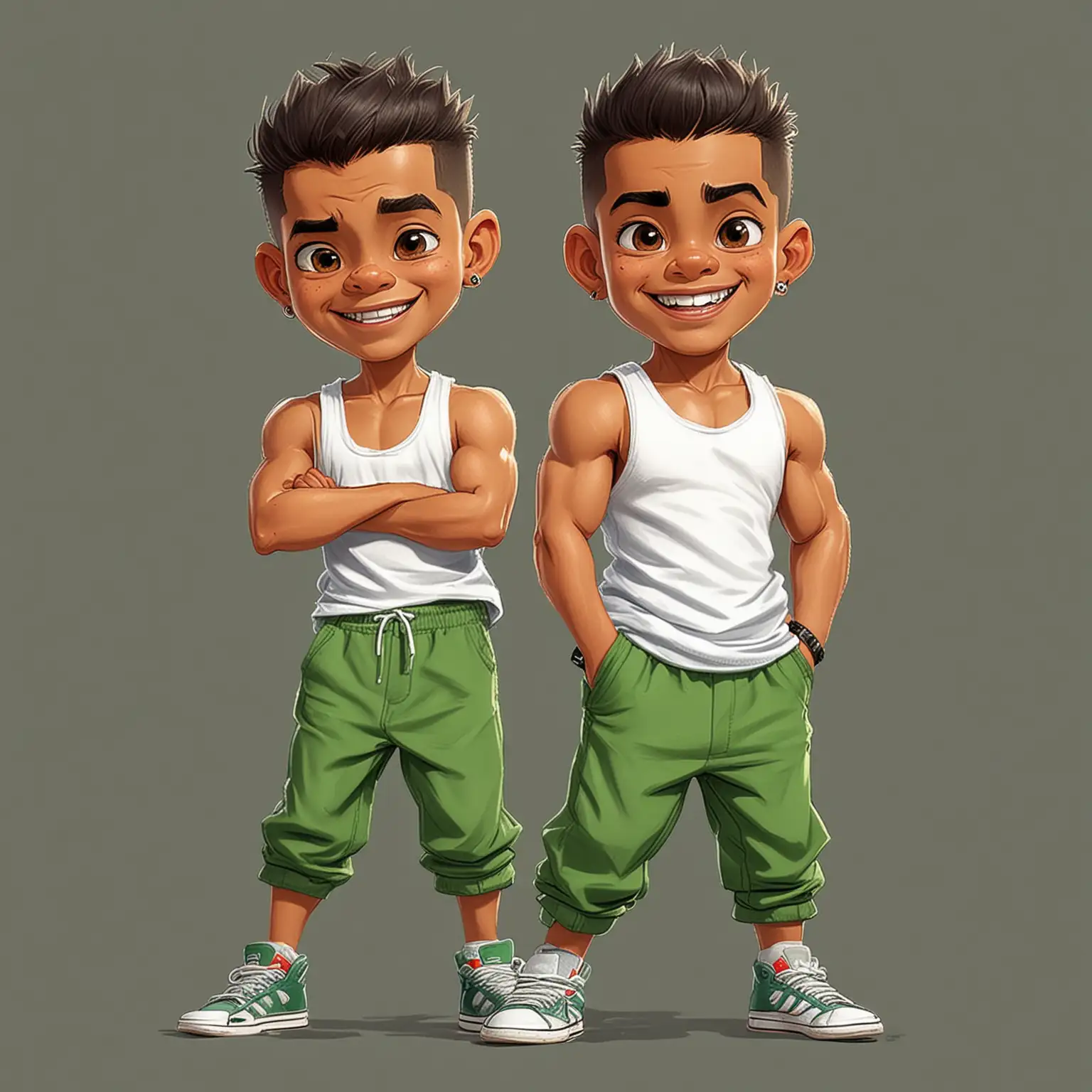 a cartoon illustration mexican-american 10 yr old little boy WITH fade hair cut, and muscular build, wearing a white tank top and green SWEAT PANTS, and cheerful and energetic expression