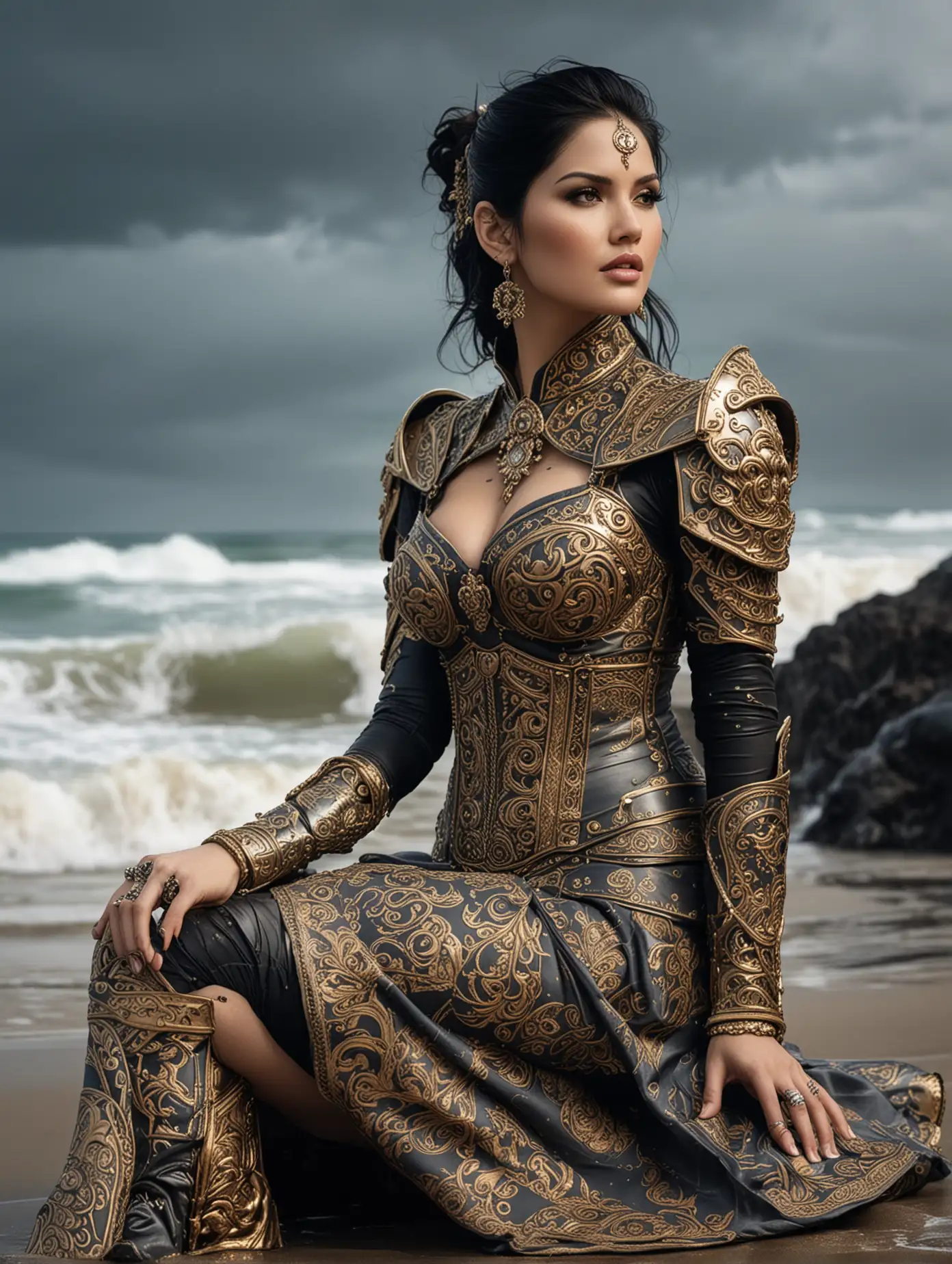 A beautiful and elegance Sunny Leone wears half-paladin armour, adorned with baroque tattoos sitting on a stormy beach, in an opulent dress, with filigree patterns on her skin, contrasting with the moody ocean, in a StreamPunk style