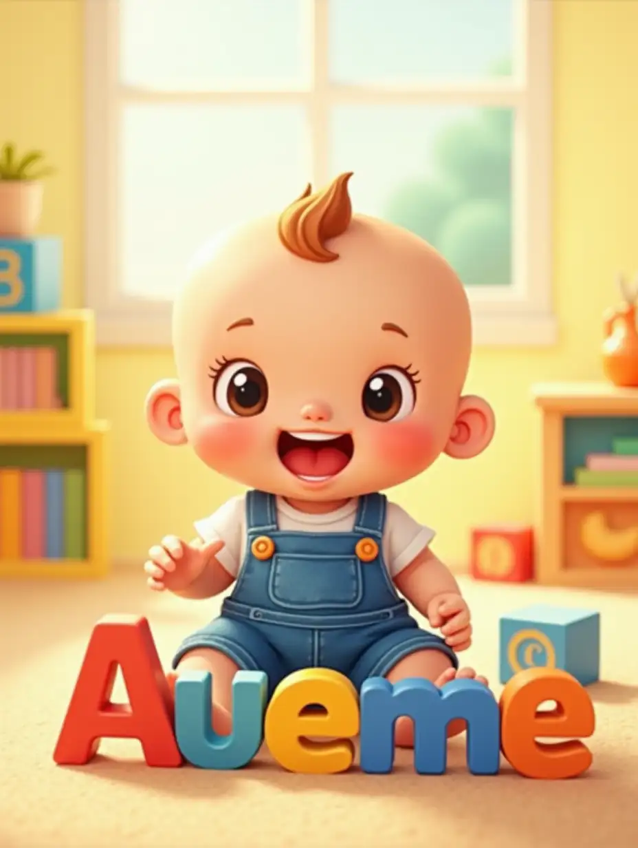 A cheerful, cartoonish baby boy in denim overalls, sitting amidst colorful play blocks spelling 'Aueme', with a bright, sunny room interior and soft, rounded shapes in a vibrant color palette, imitating a digital children's illustration.