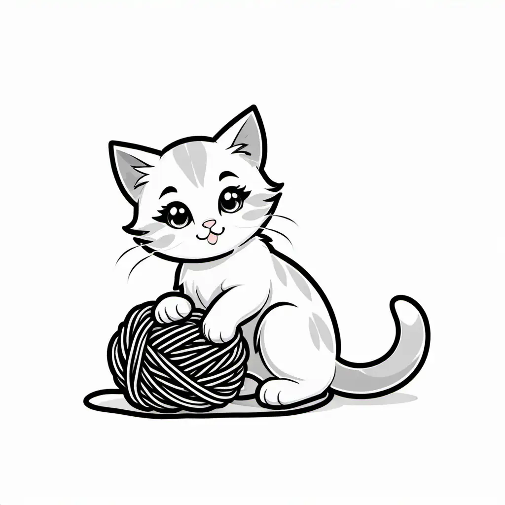 one cute kitten playing with yarn, Coloring Page, black and white, line art, white background, Simplicity, Ample White Space