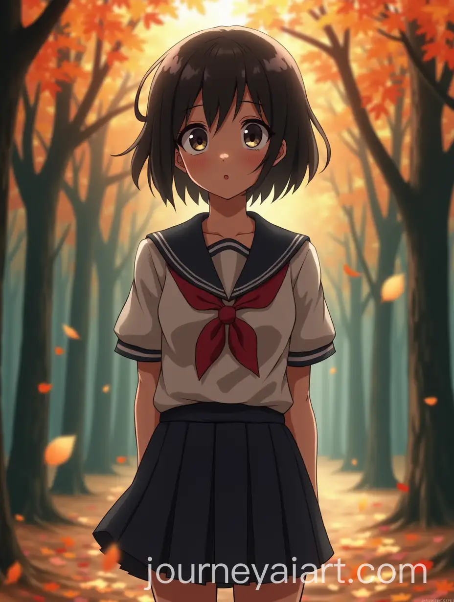 Anime-Character-Aiko-in-Japanese-School-Uniform-Standing-in-Forest-with-Falling-Leaves