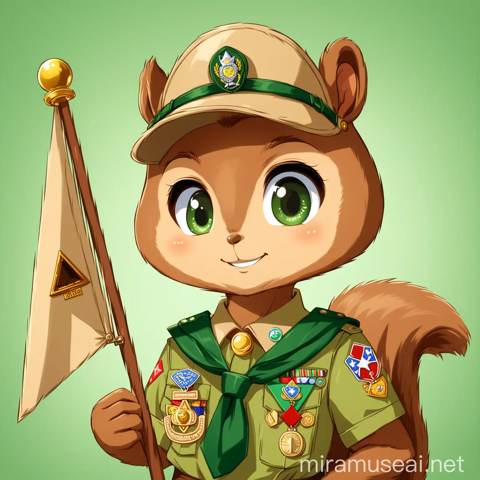 Female Squirrel Scout Holding Green Flag