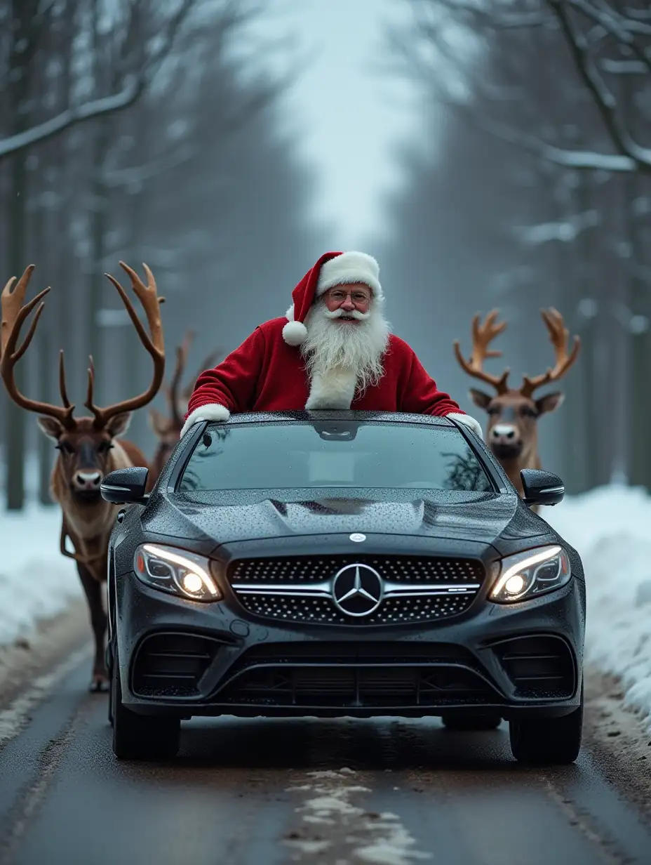 Santa Claus in a black Mercedes with reindeer, photo