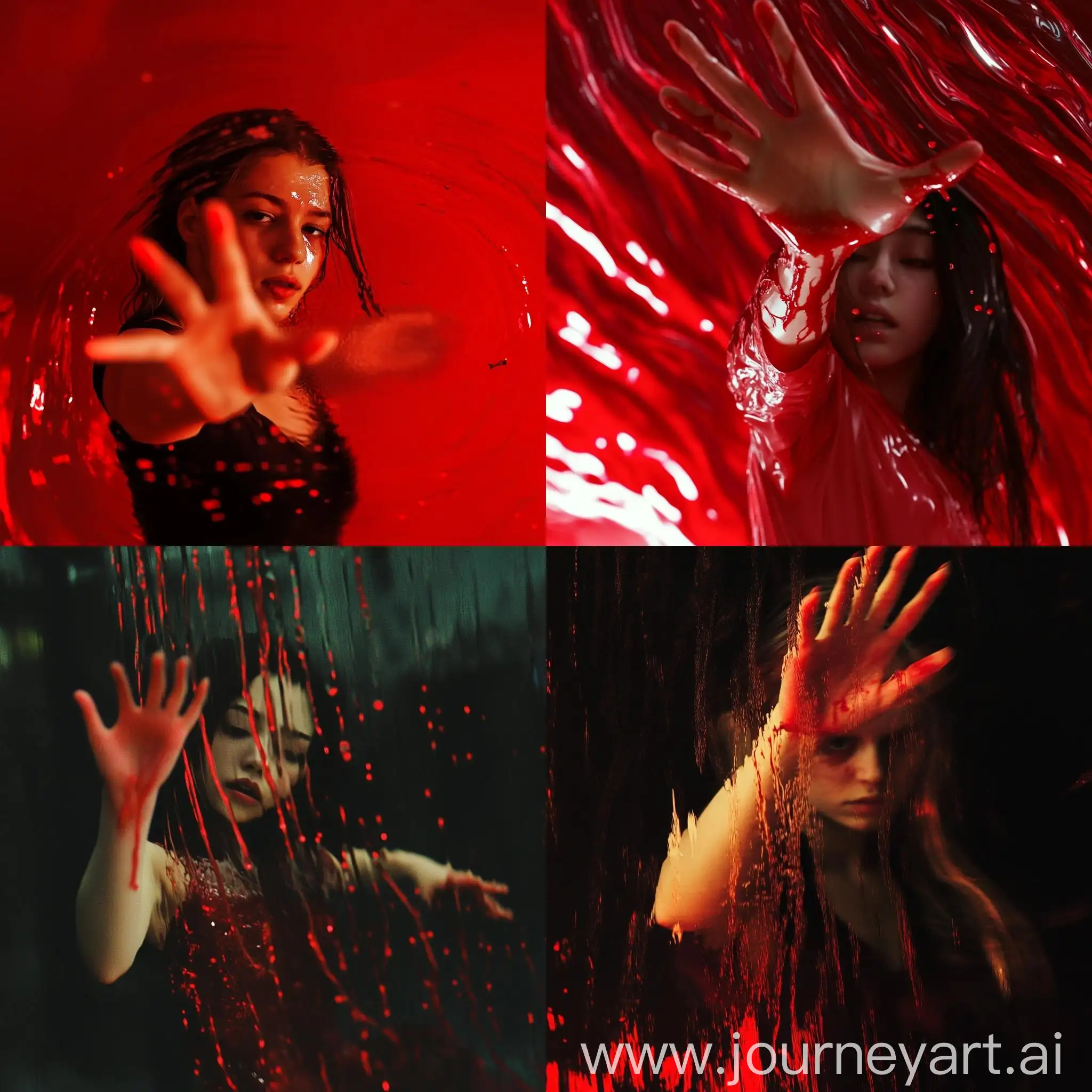 Surrealistic-Portrait-of-a-Blindfolded-Girl-Reaching-Out-with-Red-Liquid-Flowing