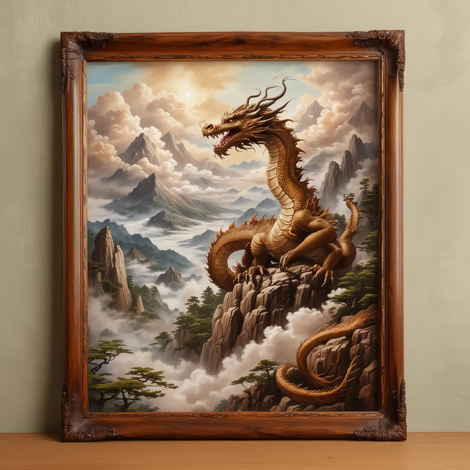 Japanese tea dragon, in the clouds at the top of the mountain in brown frame surround
