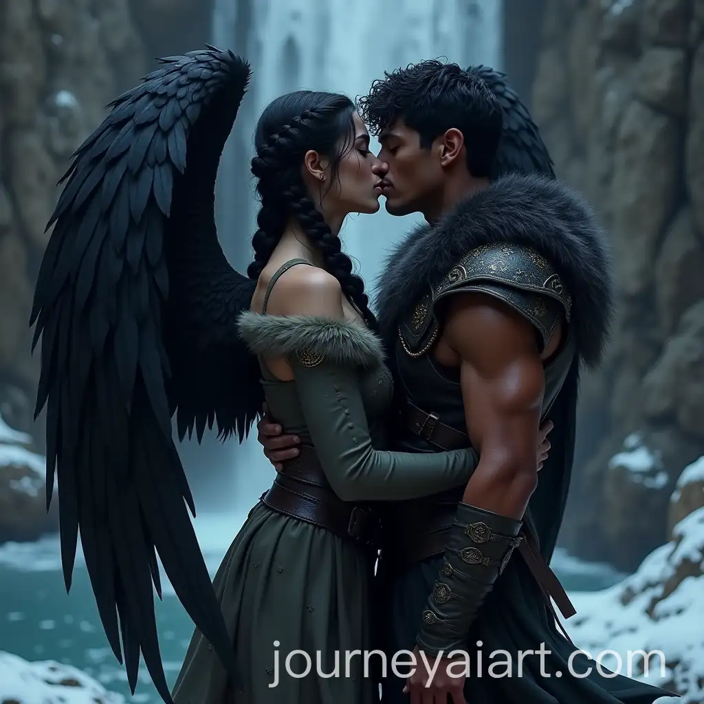 Fantasy-Book-Scene-Couple-with-Black-Wings-in-Icy-Setting-Kissing-Near-Waterfall