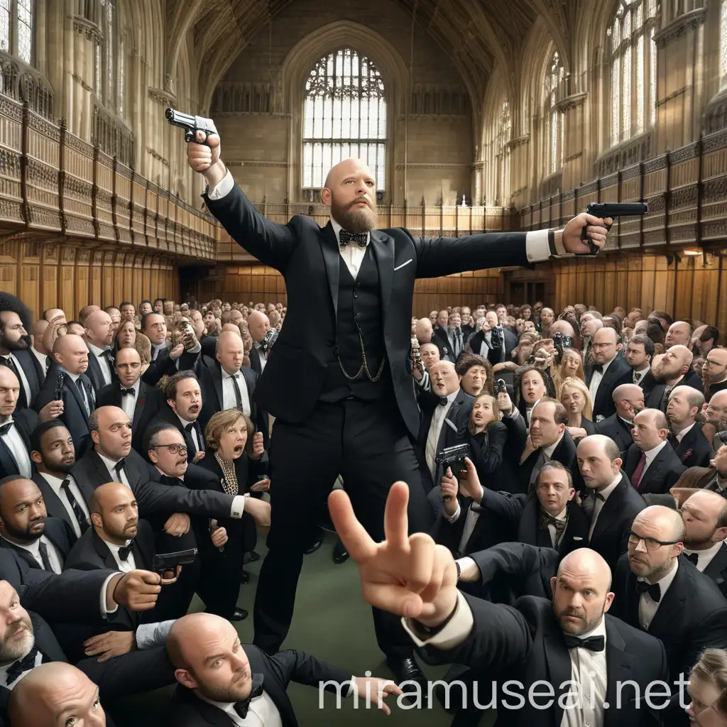 Bald Man in Black Suit Holding Gun in Parliament Crowd