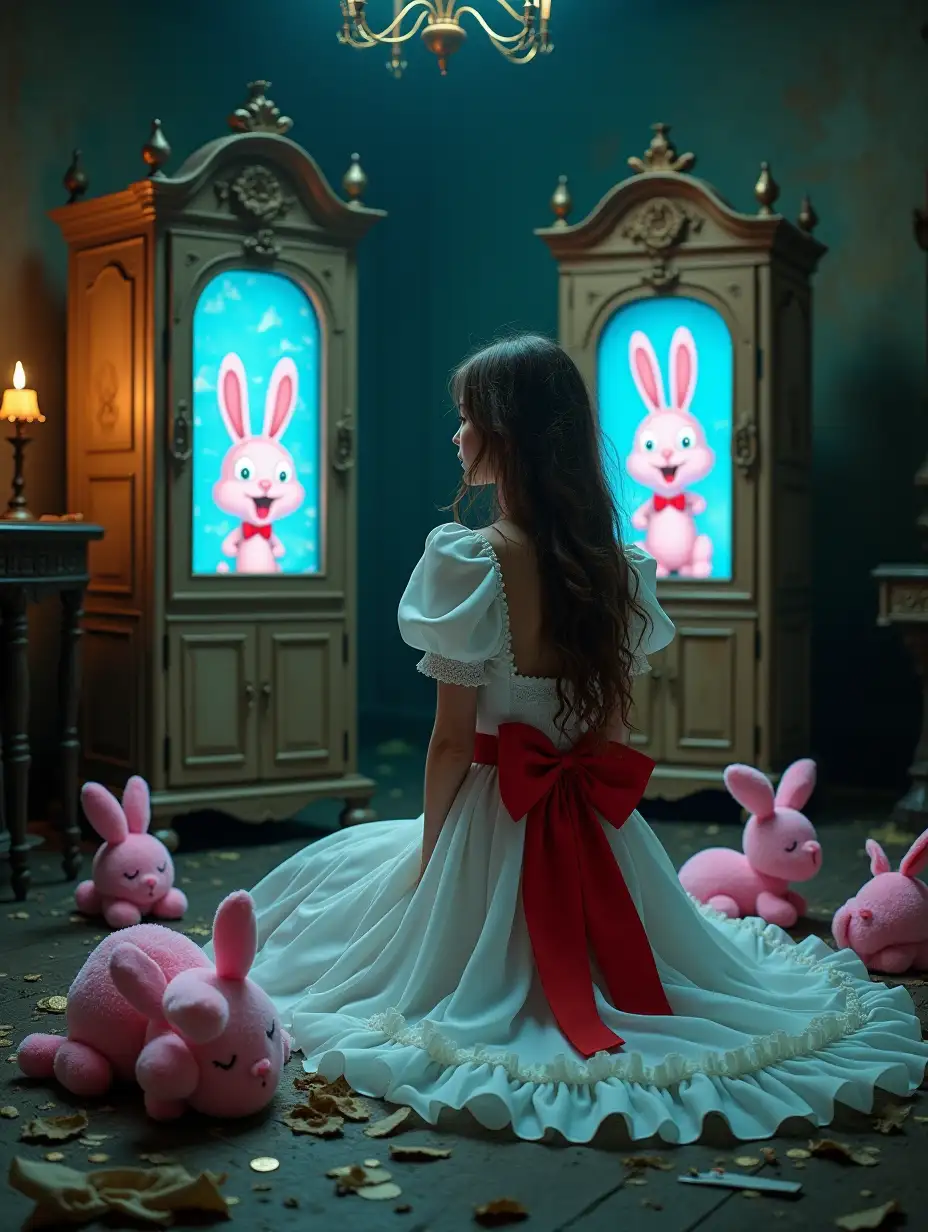 A surreal, fantasy-themed scene features a young woman with long, wavy brown hair sitting on the ground with her back to the camera, slightly to the left of center. She is wearing a white dress with puffy short sleeves, delicate lace trim around the shoulders and neckline, and a flowing skirt adorned with ruffles at the hem. A wide red sash is tied in a large bow at her waist, contrasting beautifully against the white fabric. The dress has a soft, textured appearance that appears slightly translucent. Surrounding her are several pink plush bunny toys, some sitting and others lying down on the floor amidst debris, adding to the whimsical yet eerie atmosphere. The setting includes two ornate wooden cabinets with intricate carvings and glowing screens displaying vibrant, colorful graphics of rabbits or other animated figures. These screens emit a cold blue light, creating a stark contrast with the warm ambient lighting from a small lit candle on the left side. The background reveals a dimly lit, dilapidated room filled with antique furniture, chandeliers, and debris, enhancing the mysterious ambiance. The floor is littered with papers, leaves, and possibly coins. The overall mood is melancholic and contemplative, enhanced by the low-key lighting with high contrast between illuminated areas and deep shadows. Cool tones dominate the color palette, including muted browns, grays, pale blues, and hints of amber yellow, contributing to the somber yet captivating atmosphere. HR giger style Salvador dali style whimsical macabre surreal beautiful glowing iridescent 