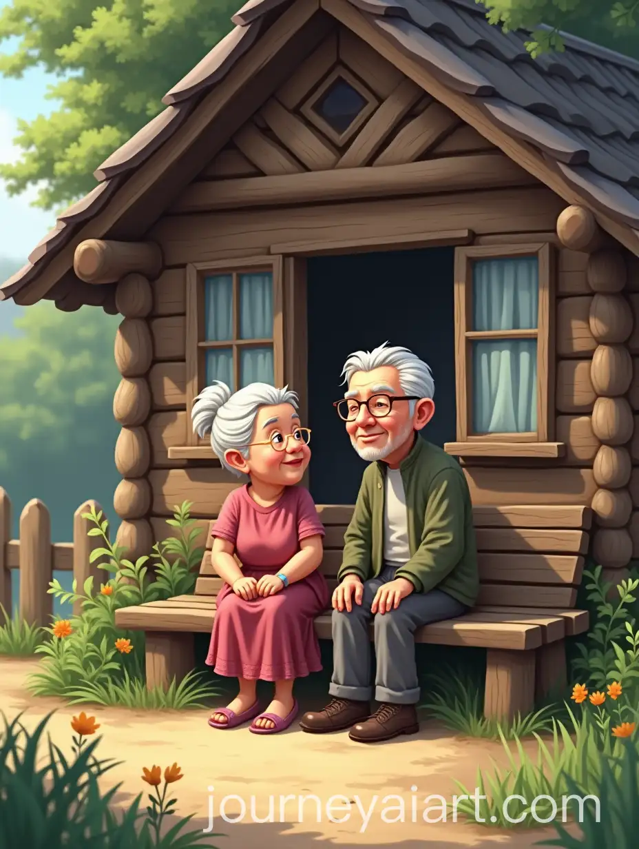 Elderly-Couple-Sitting-on-a-Wooden-Bench-in-Front-of-a-Simple-Wooden-House