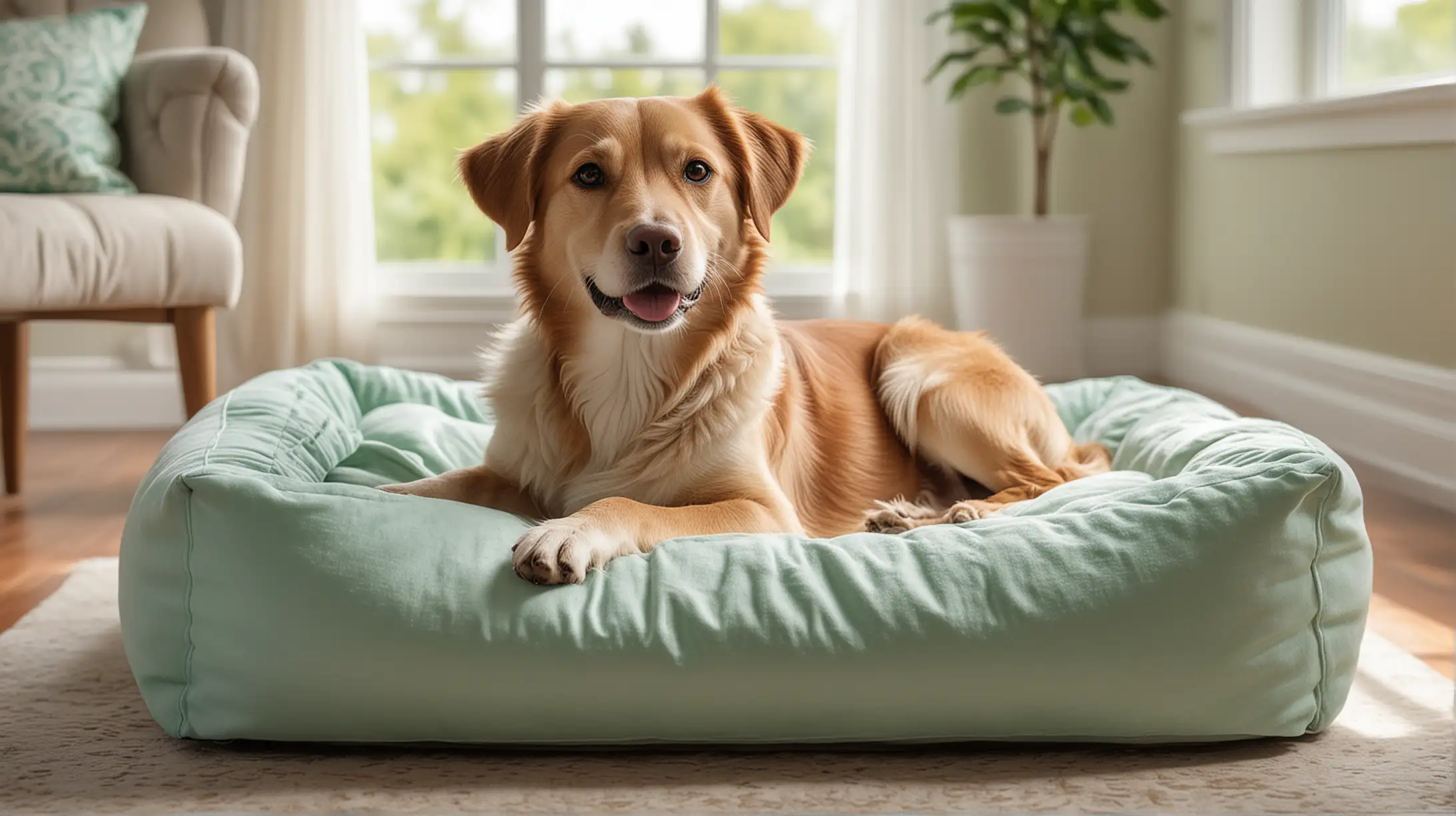 Happy Dog Relaxing on Dog Bed in Luxurious Home Setting