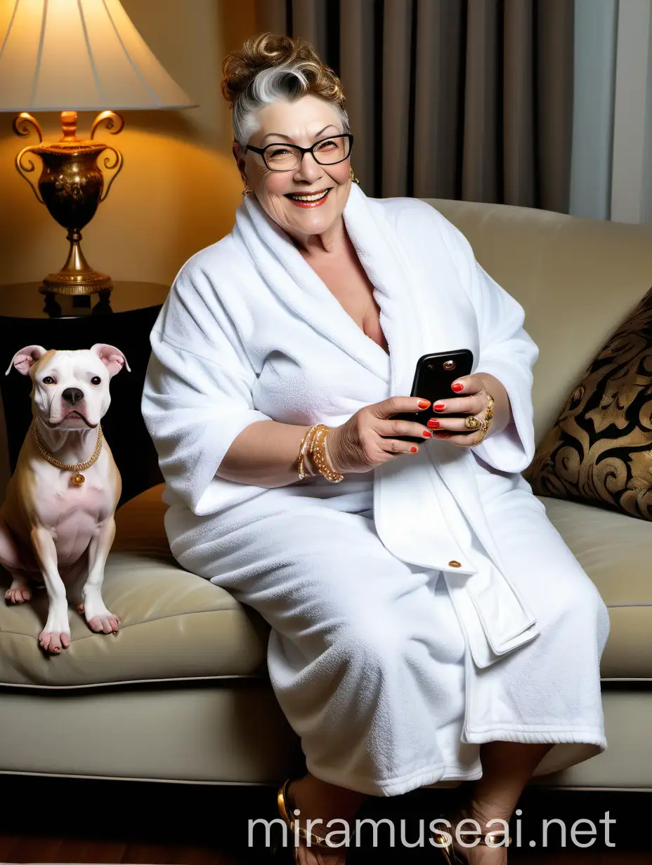 Mature Woman with American Staffordshire Terrier and Juice Glass in Luxurious Home